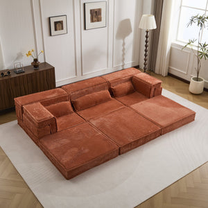English Elm Compression Modular Sofa Bed - Oversized Convertible Sectional With Plush Fleece & 3 Pillows, Orange W3723S00018