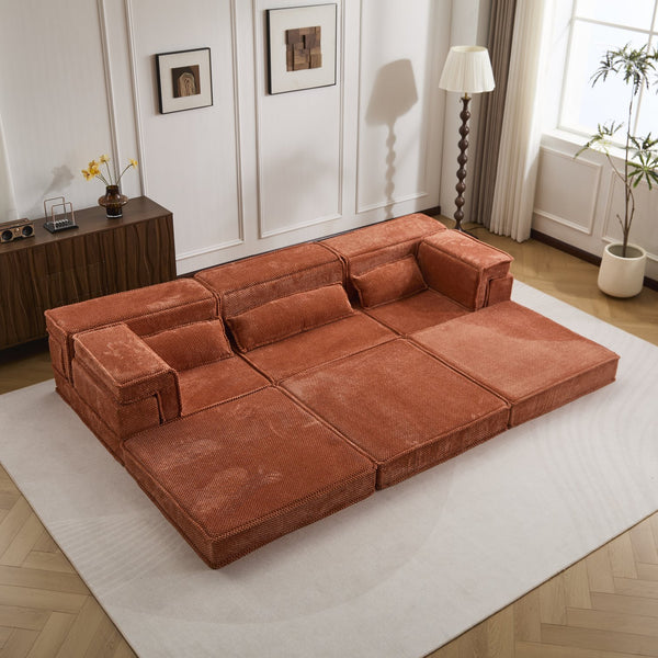 English Elm Compression Modular Sofa Bed - Oversized Convertible Sectional With Plush Fleece & 3 Pillows, Orange W3723S00018