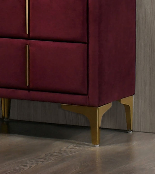 English Elm Red Glam Nightstand with Gold-Coated Legs, Fully Upholstered Flannelette Bedside Table, 22"W x 24"H B2741P350273