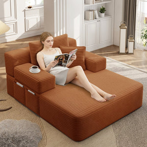 English Elm Luxurious Corduroy Convertible Chaise Lounge Sofa Bed with Storage and Coil Spring Foam Orange W3219P483088