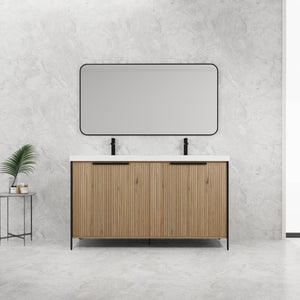 English Elm 60" Freestanding Bathroom Vanity with Double Resin Sink, Soft-Close Doors, Adjustable Shelves, Water-Resistant Finish W999S00383