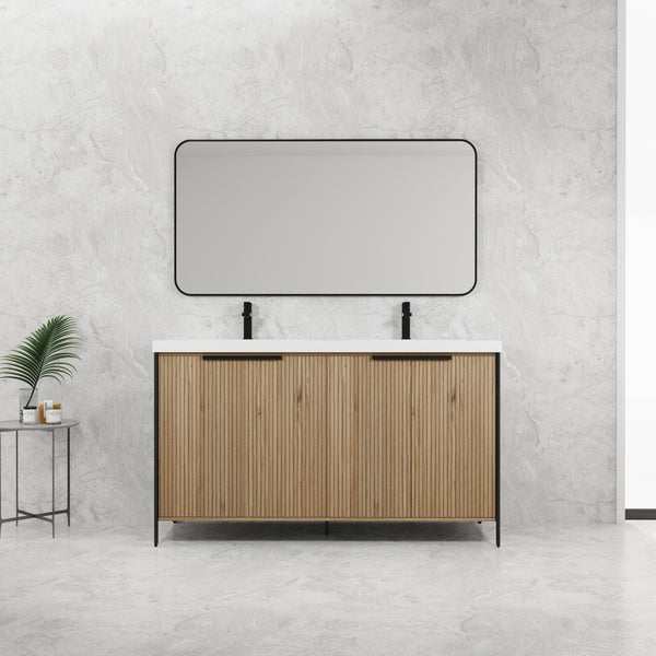 English Elm 60" Freestanding Bathroom Vanity with Double Resin Sink, Soft-Close Doors, Adjustable Shelves, Water-Resistant Finish W999S00383