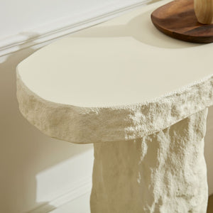 English Elm 53.94 Inch Sculptural Fiberglass Console Table with Stone Look Pillar Legs for Entryway W2582S00199