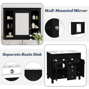 English Elm 36'' Bathroom Vanity with Sink and Mirror Cabinet, Modern MDF & Solid Wood Design, Ceramic Top, Soft-Close Doors Black SW000115AAB-1