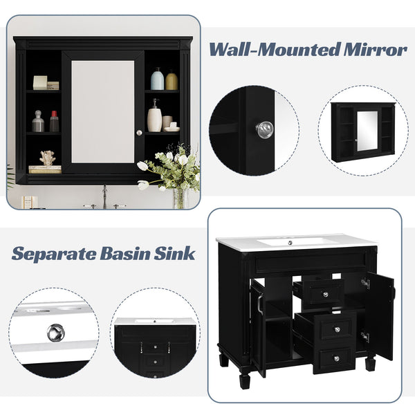 English Elm 36'' Bathroom Vanity with Sink and Mirror Cabinet, Modern MDF & Solid Wood Design, Ceramic Top, Soft-Close Doors Black SW000115AAB-1
