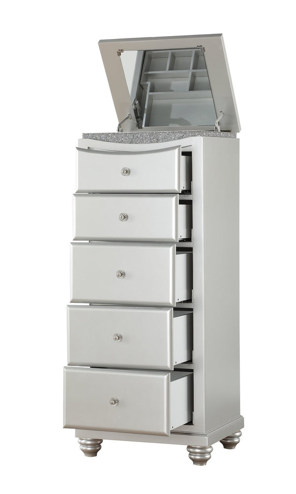 English Elm Maverick Platinum Finish Dresser with 9 Drawers, Crystal Knobs, Rhinestone Inlay, Felt Top Drawer - Luxurious Storage Silver 53 L x 25 W x 21 H B2726P247646