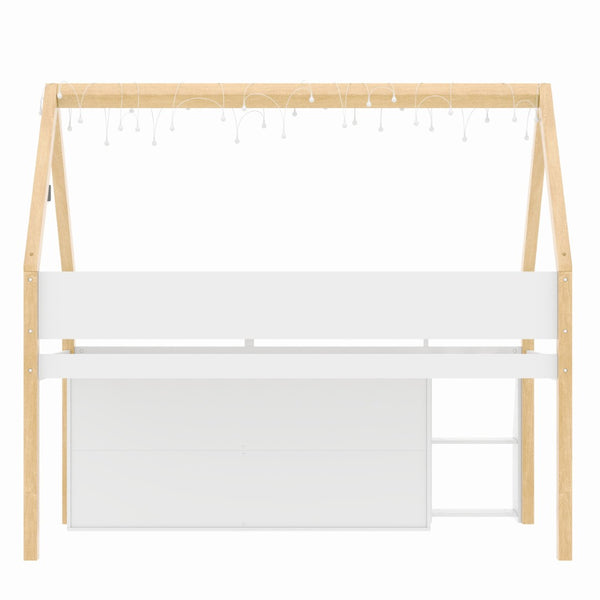English Elm Twin-size Pine Low Loft Bed with House Canopy Step Stairs Storage Cabinet Led Lights N7090005032K