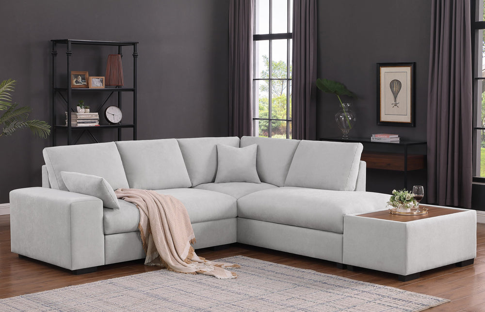 English Elm Joshua Light Gray Woven Sectional Sofa with Right-Facing Chaise, Console Ottoman & 2 Pillows — Modern Comfort and Multifunctional Wood-Top Table B061S00842