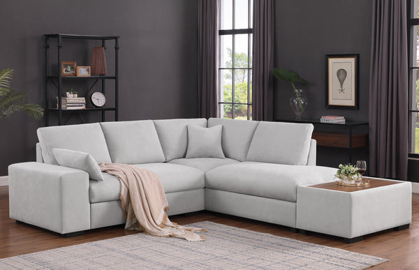 English Elm Joshua Light Gray Woven Sectional Sofa with Right-Facing Chaise, Console Ottoman & 2 Pillows — Modern Comfort and Multifunctional Wood-Top Table B061S00842