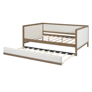 English Elm Full Upholstered Daybed with Trundle, Nailhead Trim, Solid Wood & Linen, Space-Saving 600lbs Capacity DL000588AAD