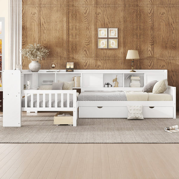 English Elm L-shaped Twin Platform Bed with Trundle, Solid Wood Corner Sleeper with Drawers, Shelves, No Box Spring Needed White W1580S00259