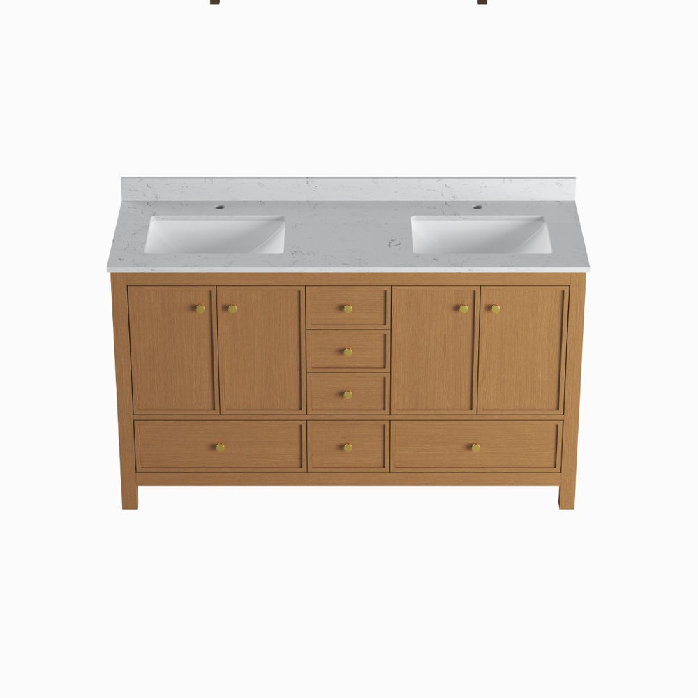 English Elm 60" Double Sink Vanity Solid Wood Cabinet Carrara Marble Top Brown Oak Finish T3785P442245