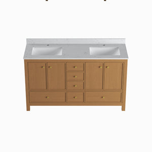 English Elm 60" Double Sink Vanity Solid Wood Cabinet Carrara Marble Top Brown Oak Finish T3785P442245
