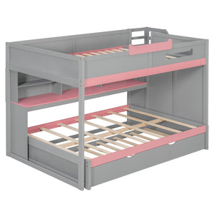 English Elm House-shaped Pine Bunk Bed with Built-in Slide Storage Staircase Twin Over Full Kids Frame Gray N820S00067E