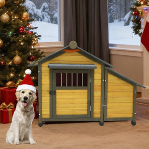 English Elm 50" Solid Wood Outdoor Dog Kennel Insulated Shelter with Shingled Roof for Small Breeds W1431P421934