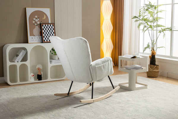 English Elm 067-teddy Fabric High Back Nursery Rocking Chair with Adjustable Footrest and Storage Pocket Ivory W527P420892
