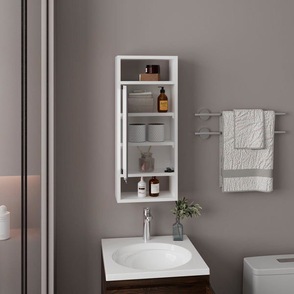 English Elm Medicine Compact Wall-Mounted Cabinet with Mirrored Door and 5 Shelves, Engineered Wood Durable Storage White 33.46 L x 16.93 W x 4.33 H B097P350306