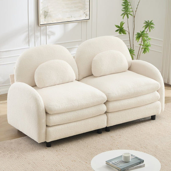 English Elm Teddy Fleece Curved Loveseat Modular Two Seater Sofa with Cloud Soft Double Layer Cushions Beige White W5656S00073