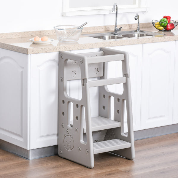 English Elm Qaba Toddler Tower Adjustable Height Kitchen & Bath Step Stool with Handrails, Anti-Slip Pads, Gray W2225P217327
