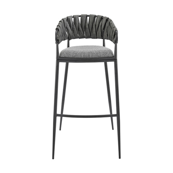 English Elm Zaren 30" Bar Stool — Black Metal Frame, Gray Faux Leather & Fabric Seat, Durable 4-Leg Support B2736P268560