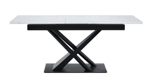 English Elm Modern Extendable Dining Table with Walnut MDF Veneer Top, Dual V-Shaped Metal Base, Sleek Durable Design White Marble W3493S00006