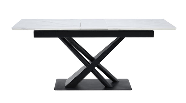 English Elm Modern Extendable Dining Table with Walnut MDF Veneer Top, Dual V-Shaped Metal Base, Sleek Durable Design White Marble W3493S00006