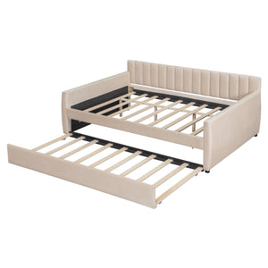English Elm Full Size Velvet Upholstered Daybed with Pull Out Trundle and Wood Slat Support Beige LP100121AAA