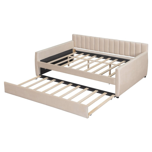 English Elm Full Size Velvet Upholstered Daybed with Pull Out Trundle and Wood Slat Support Beige LP100121AAA