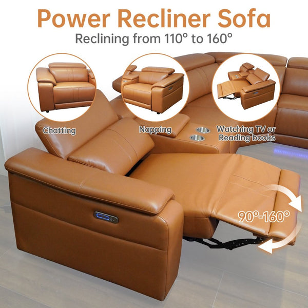 English Elm Power Reclining Sectional with Bluetooth Audio Led Lighting and Wireless Charging Tech Leather Brown W3795S00019