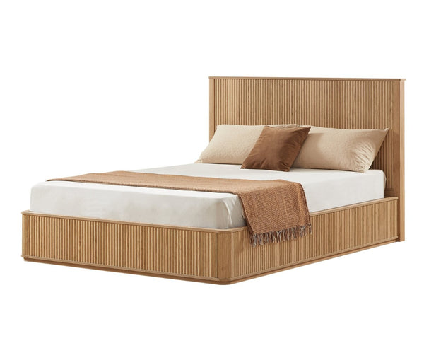 English Elm Natural Fluted Wood Platform Bed Minimalist Queen Frame with Tall Curved Headboard Oak W5219S00002