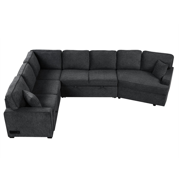 English Elm 126" L-shaped Sectional Sofa with Pull-Out Bed, Built-In USB Charging & Cup Holders, Chenille Upholstery Black+Blue N719S001530C