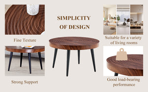 English Elm Modern Round Coffee Table with 23.6" Diameter, Thick MDF Top, Walnut Texture, Black Metal Legs, 350lb Capacity W2920P226079