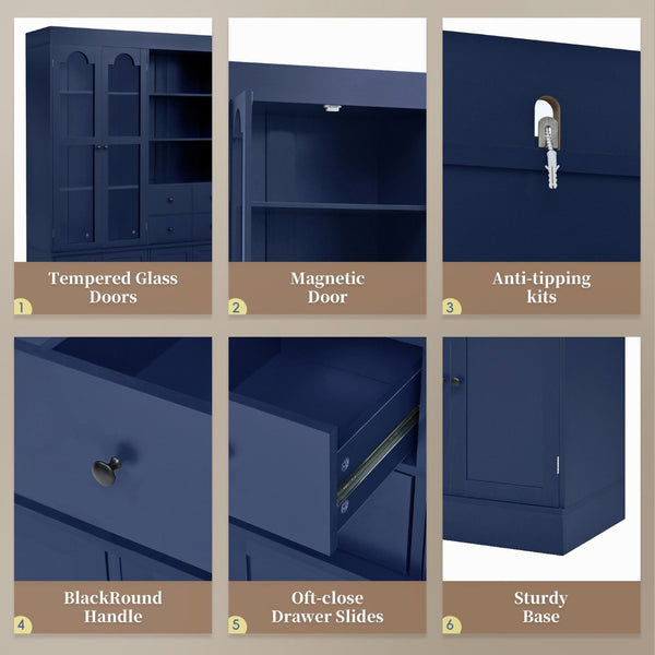 English Elm Topmax Shaker Buffet Hutch with Glass Doors Drawers and Pull-out Trays Blue SP000092AAC