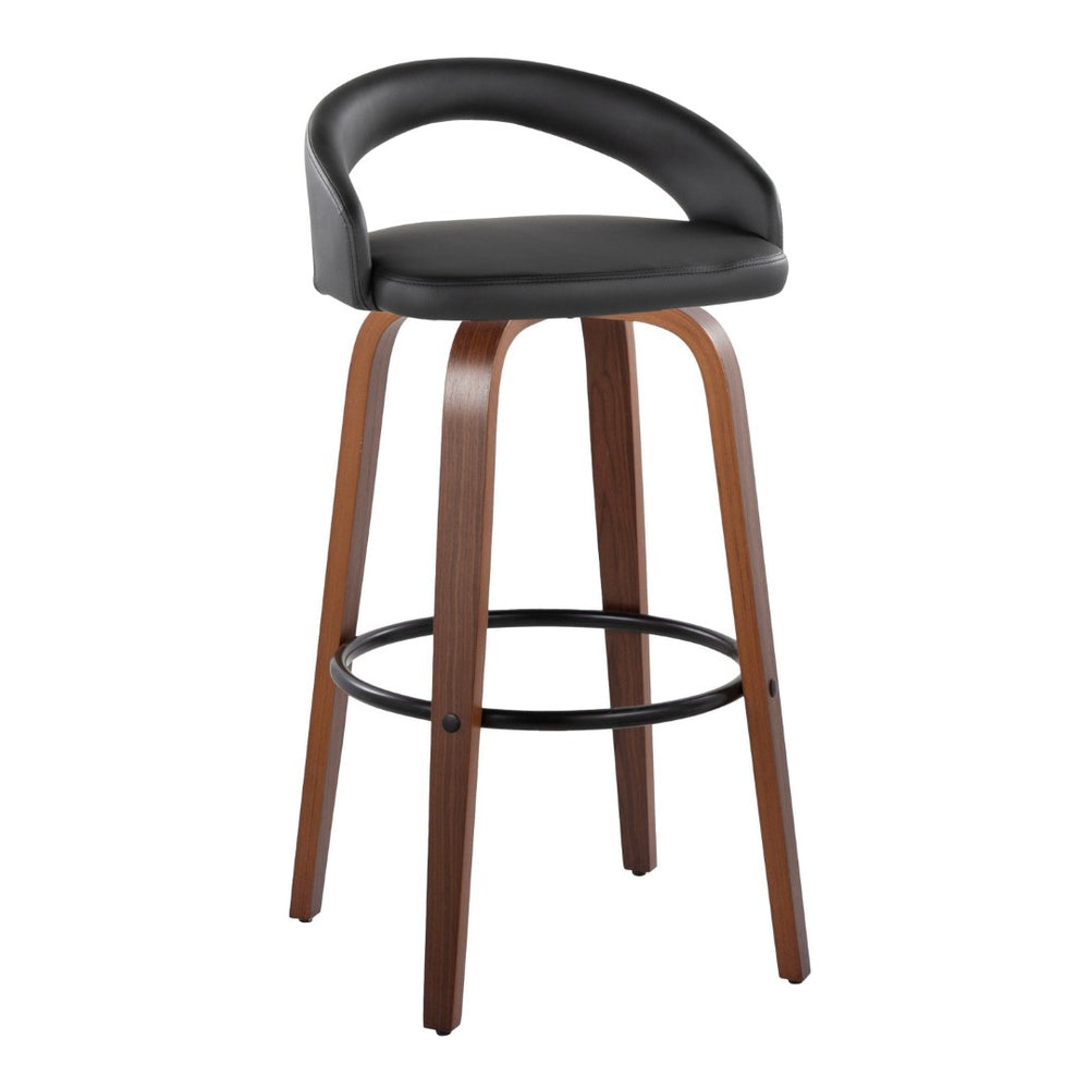 English Elm Fixed-height Swivel Barstools Walnut Bentwood Legs Black Pu Seat Metal Footrest Set B202S01856