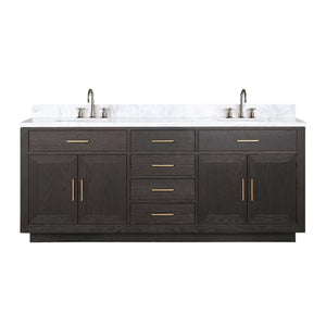 English Elm Brown Oak 80in Double Bath Vanity with Carrara Marble Top, Soft-Close Drawers & Chrome Faucets B2731P257812