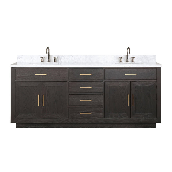 English Elm Brown Oak 80in Double Bath Vanity with Carrara Marble Top, Soft-Close Drawers & Chrome Faucets B2731P257812