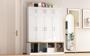 English Elm Wood Entryway Hall Tree with Bench Seating Coat Hooks Shoe Cubbies Cabinet White W5271S00004