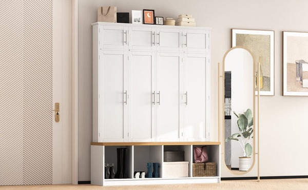 English Elm Wood Entryway Hall Tree with Bench Seating Coat Hooks Shoe Cubbies Cabinet White W5271S00004
