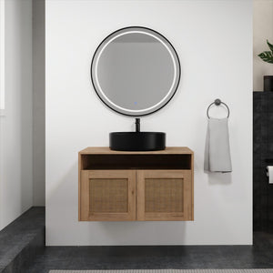 English Elm 30" Modern Wall-Mounted Bathroom Vanity With Black Ceramic Sink, Soft-Close Doors, Oak Finish W999S00398