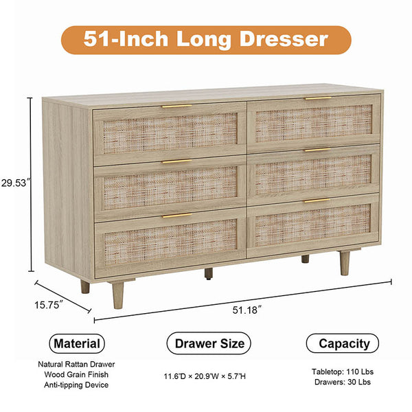 English Elm Rattan Natural 6-Drawer Dresser 51" — Wicker & MDF Chest with Solid Frame, Metal Handles, Spacious Top Capacity W2181P270056