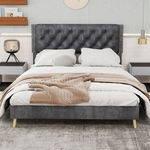 English Elm Velvet Tufted Queen Platform Bed Diamond Headboard for Elegant Master Bedroom W1935P361004