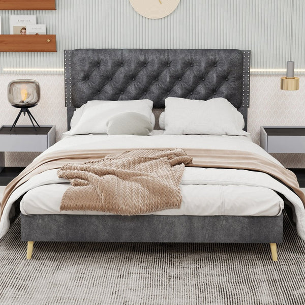 English Elm Velvet Tufted Queen Platform Bed Diamond Headboard for Elegant Master Bedroom W1935P361004