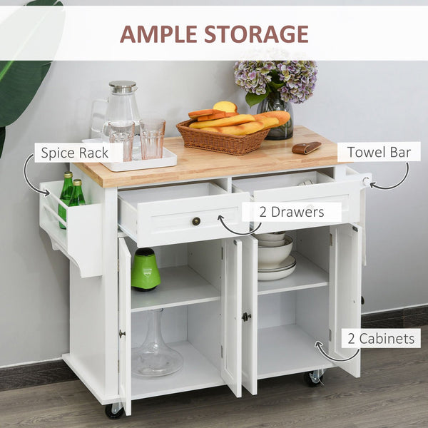 English Elm HOMCOM Mobile Kitchen Island Cart with Rubberwood Butcher Top, Locking Casters, Drawers & Shelves for Organized Prep and Storage White W2225P173891