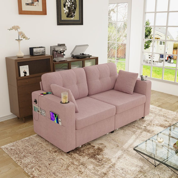 English Elm Sofas for Living Room Chenille Three Seat Couch with Usb Charging Storage and Cup Holder Pink W395S00147