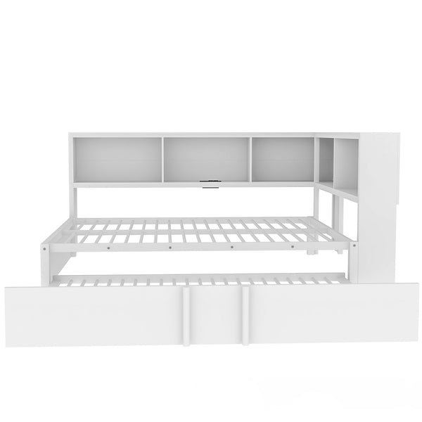 English Elm Metal Full Size Daybed with Trundle, Built-In Storage Cabinets & USB Ports for Small Rooms White DL001523AAK