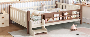 English Elm Queen Bunk Bed with Trundle Solid Pine Kids Car Themed Frame Built-in Bookshelf Beige+Natural W1580S00536
