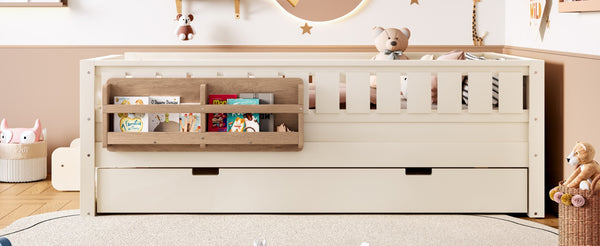 English Elm Twin Kids Platform Bed with Trundle Staircase Bookshelf and Rounded Safety Rails Beige W1580S00556