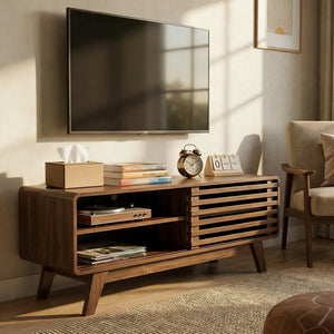 English Elm Tv Stand with Louvered Sliding Doors Tapered Legs Walnut Media Console W3204P465917