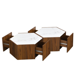 English Elm Christopher Knight Home® - Hexagonal Rustic Retro Wood Coffee Table with 2 Hidden Drawers, Textured Marble Tops, Oak Finish White+Walnut N770P309823W