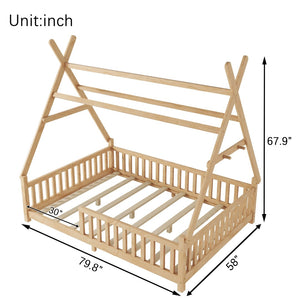 English Elm Twin Montessori Floor Bed House Frame with Led Lighting and Safety Rails for Kids Natural W2593P440591